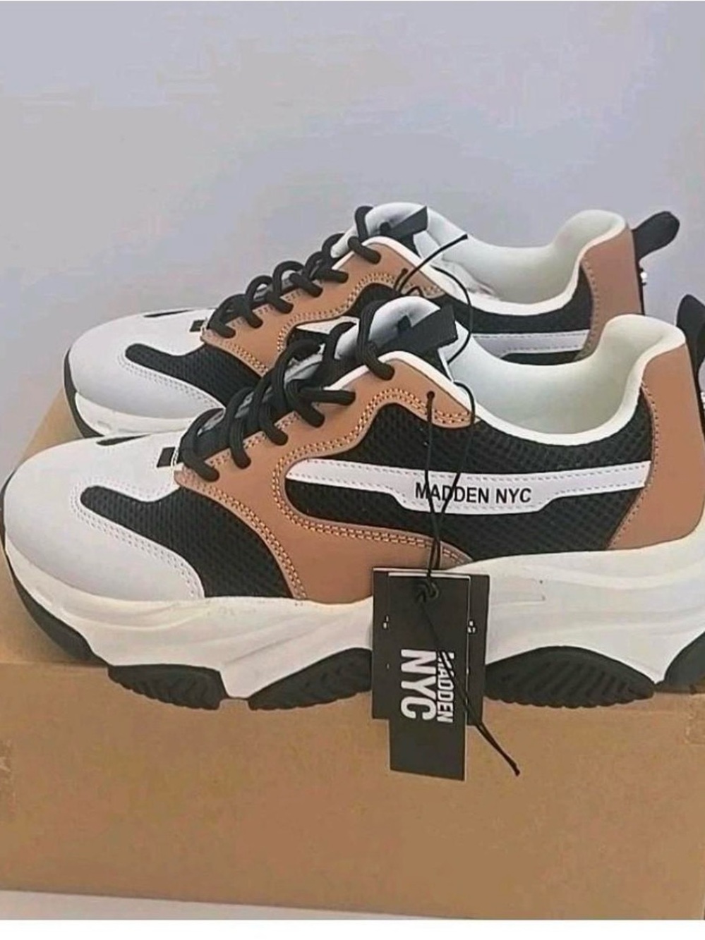 Madden NYC Women’s Chunky Lace-Up Sneakers in White, Black & Tan